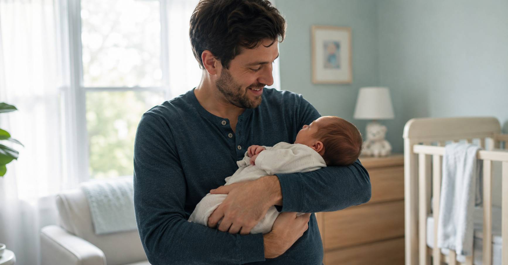 First-time father holding his newborn baby while smiling at home
