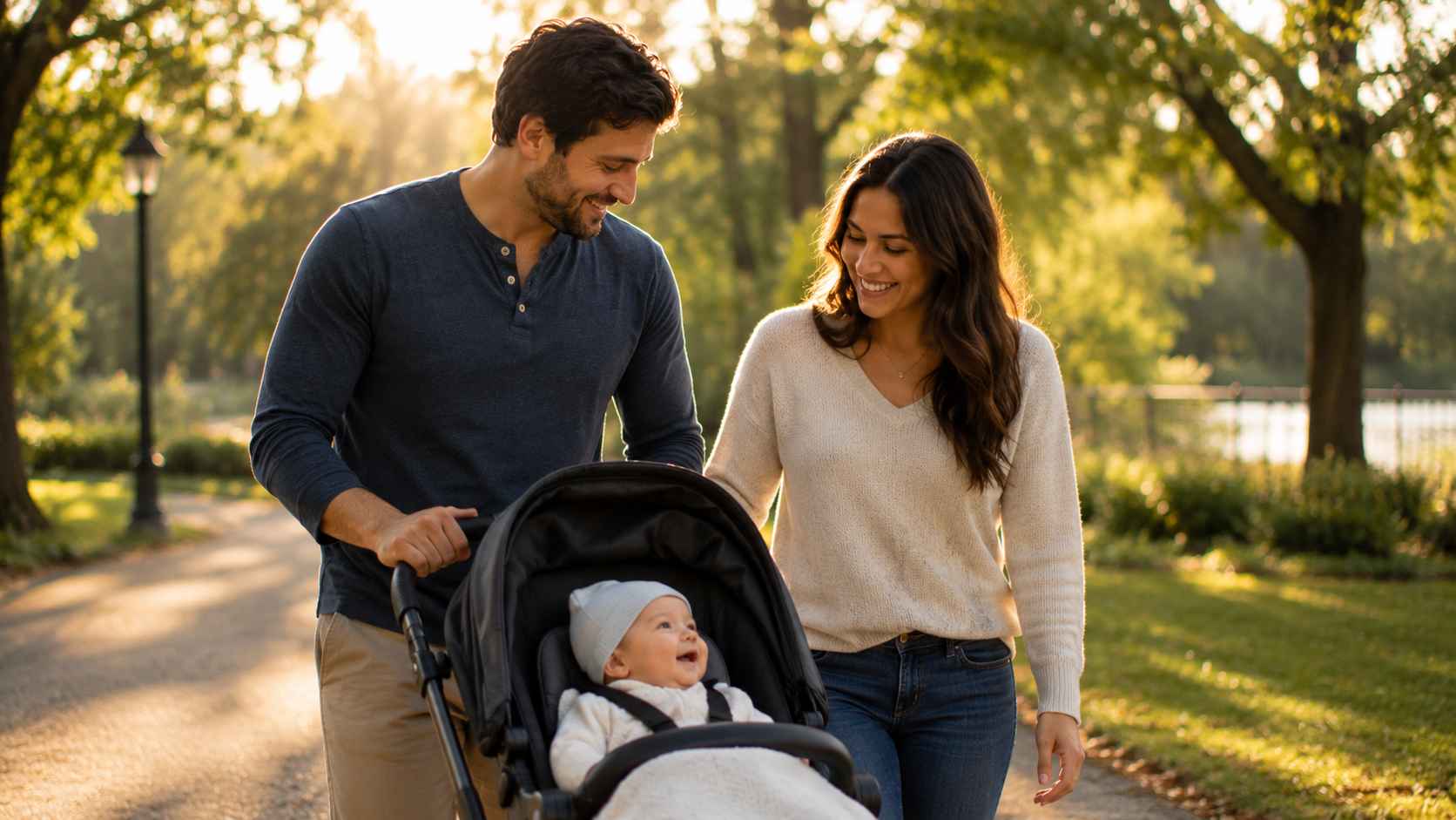 Young family enjoying time together in a sunny park