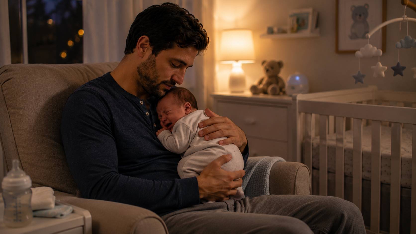 New father caring for his baby during the night