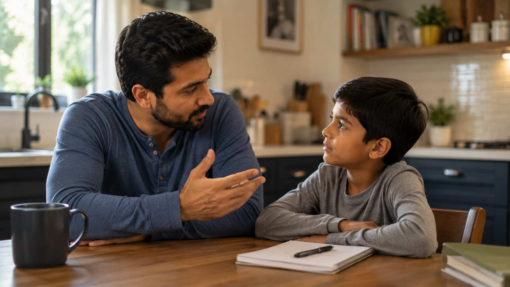 Father explaining rules calmly to child