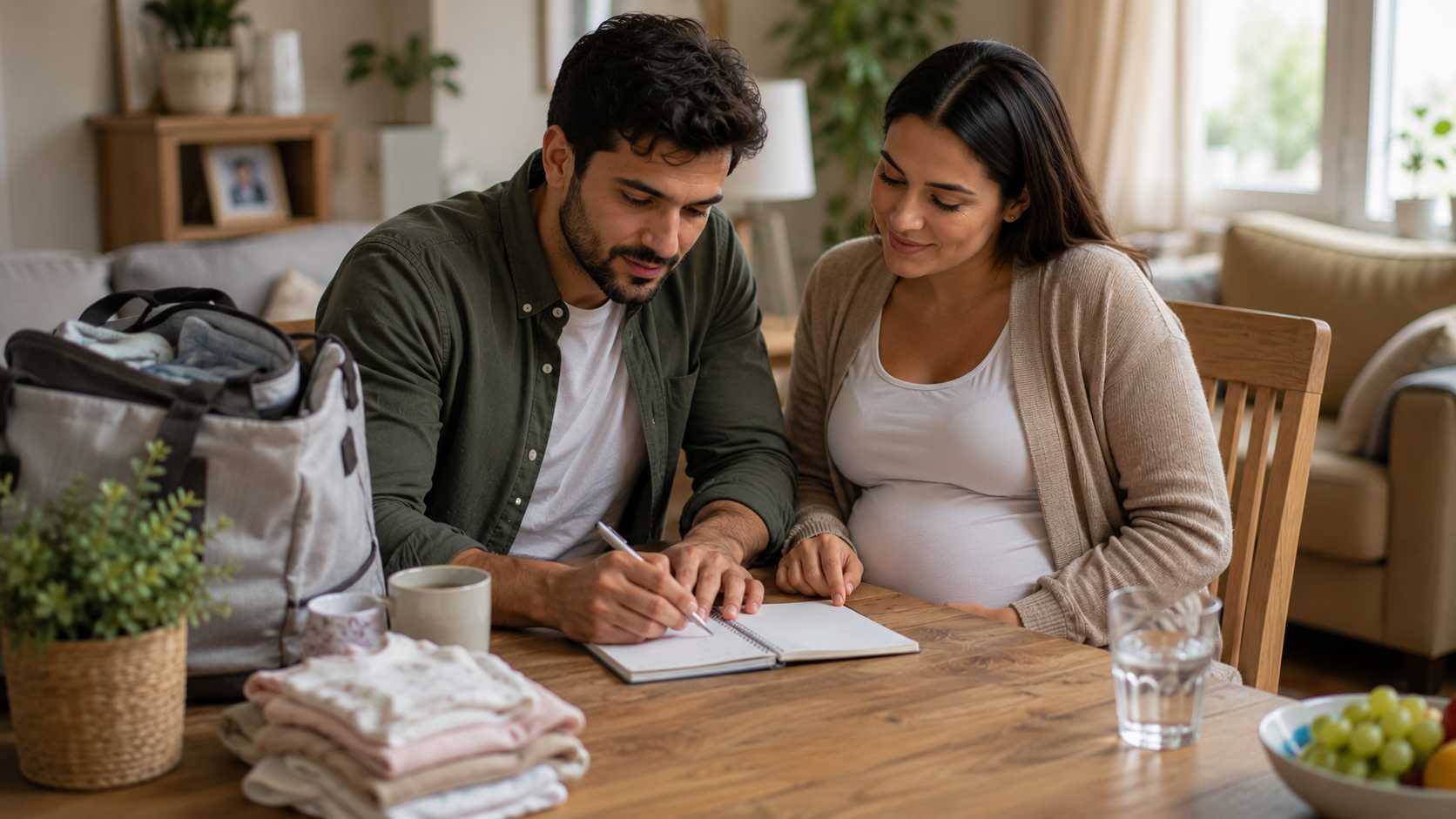 Expectant couple discussing birth preparation together at home