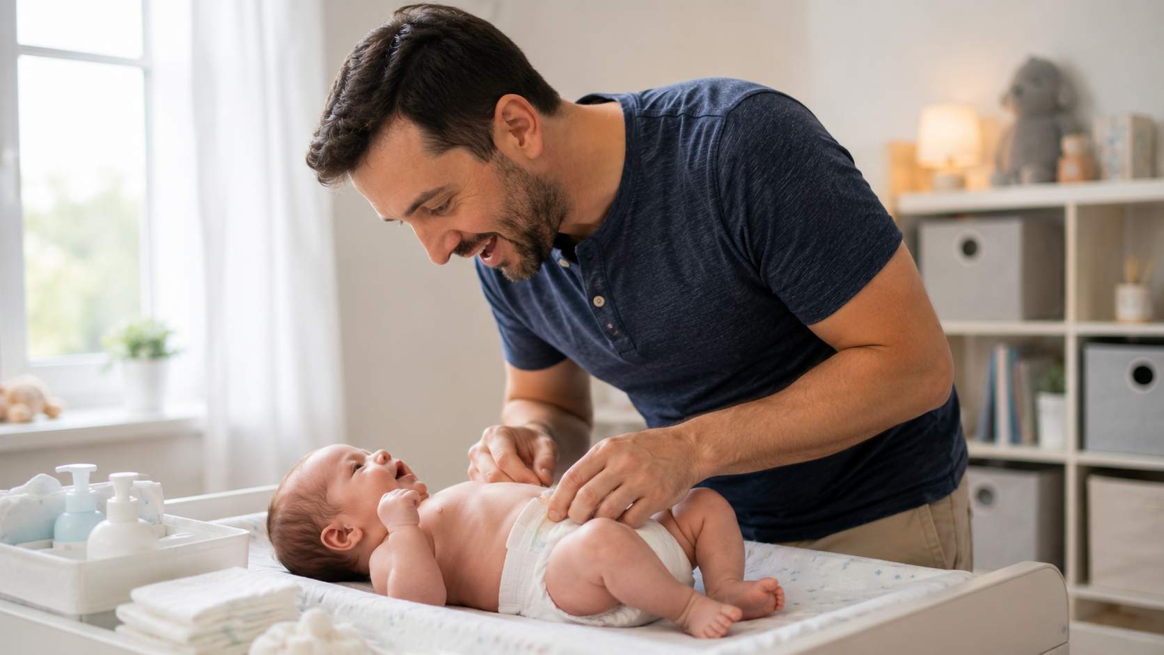 Father changing his newborn baby's diaper while talking gently