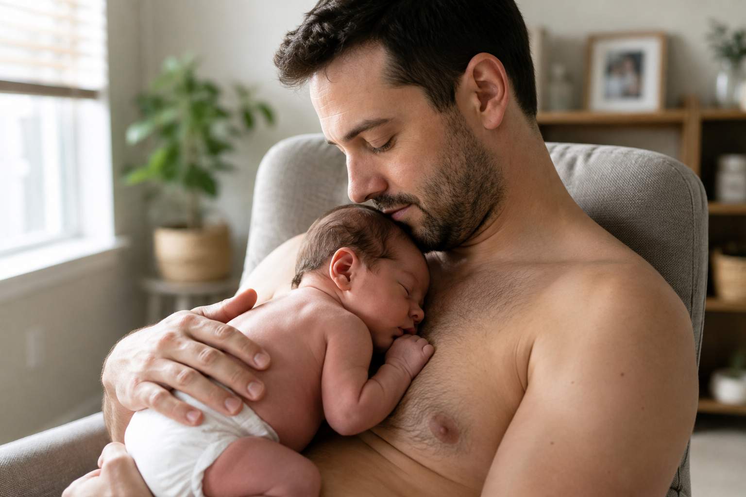 Dad having skin-to-skin contact with his newborn baby