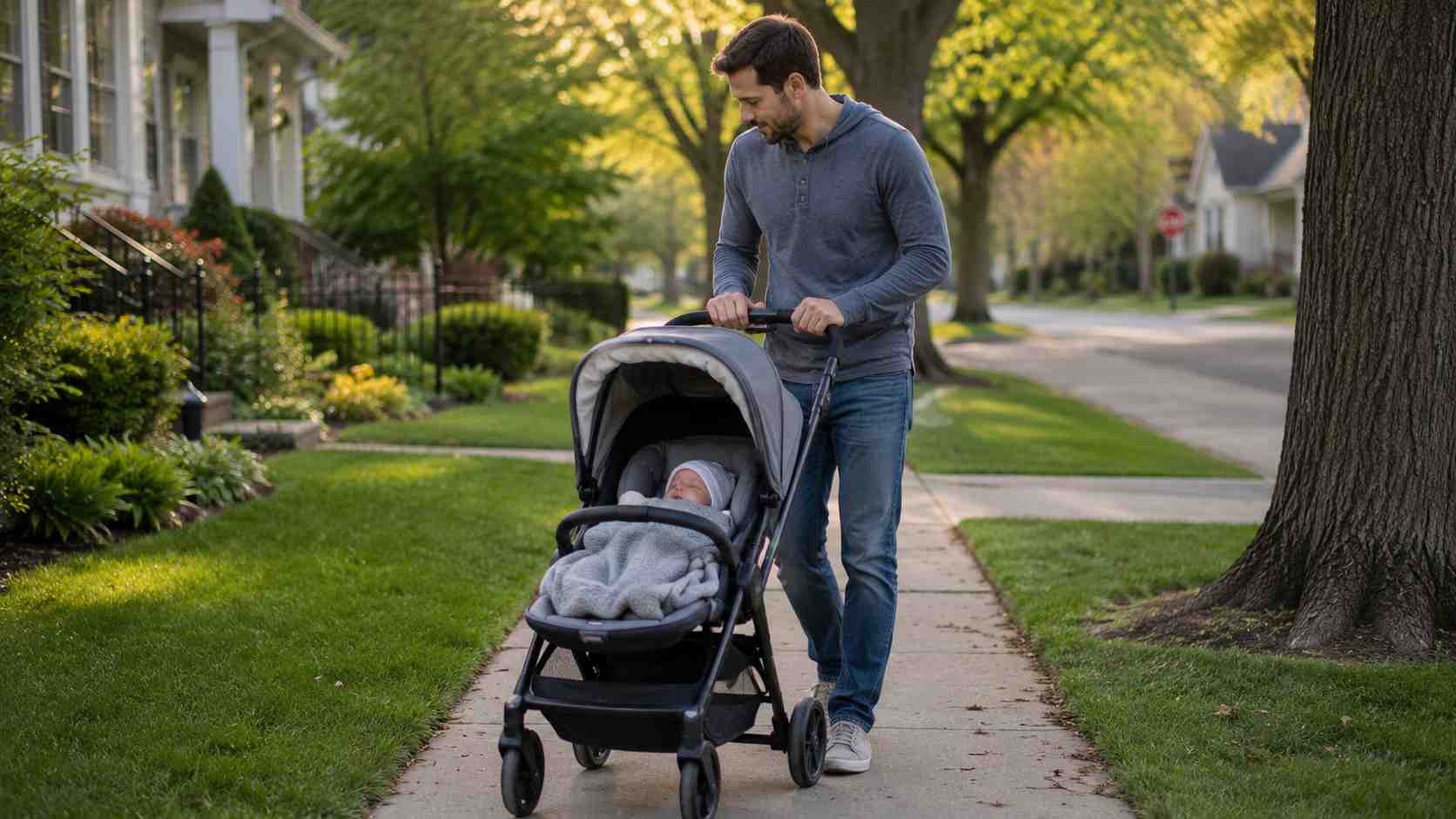 Father taking his newborn for a walk in a stroller