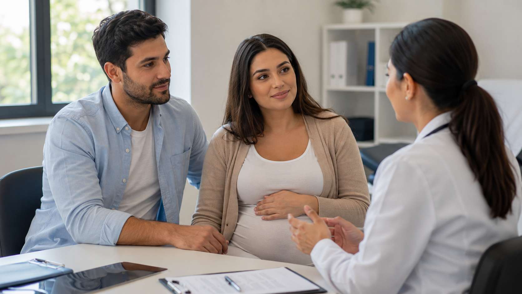 Expectant father attending a prenatal appointment with his pregnant partner
