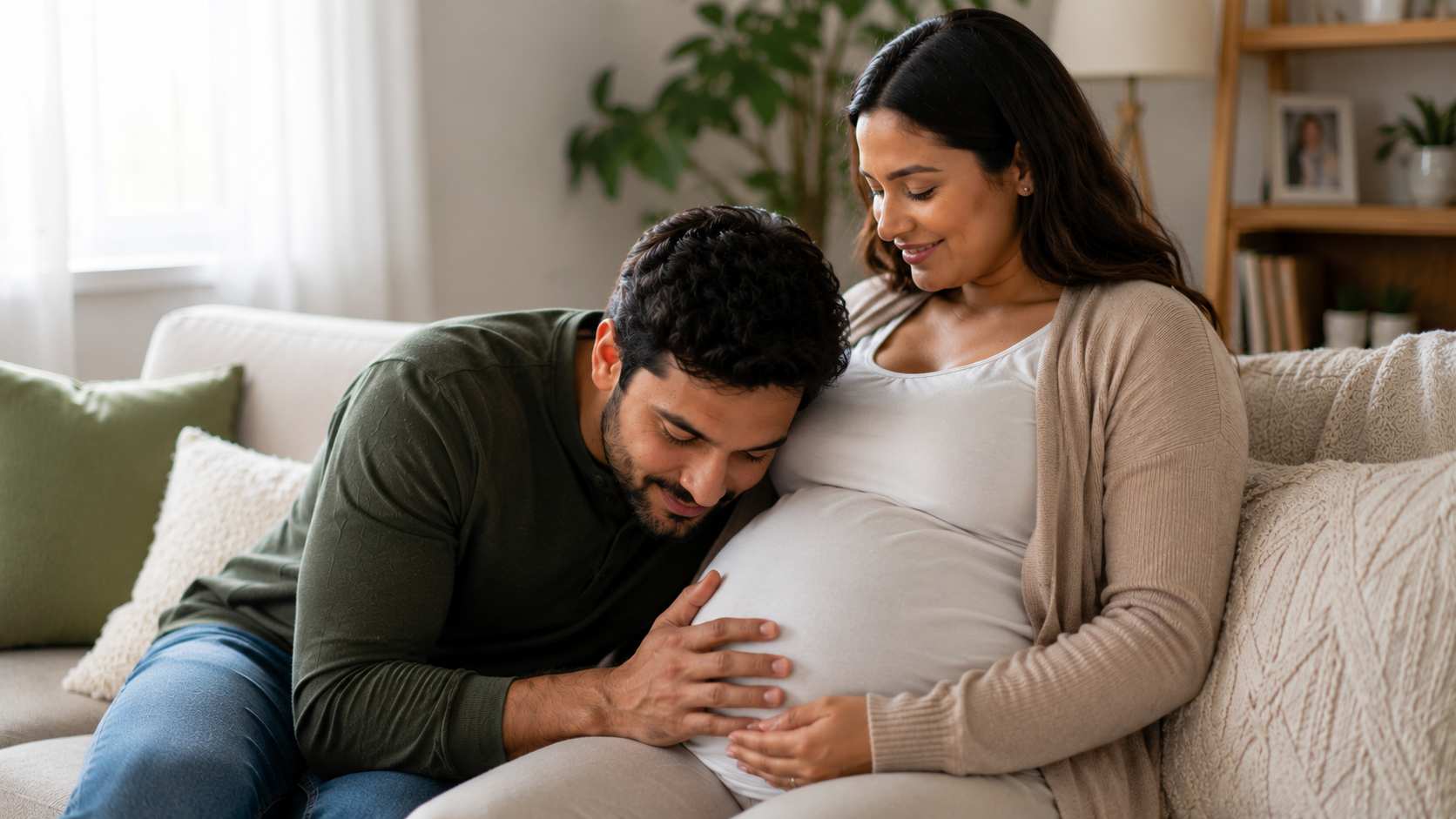 Expectant father gently feeling his baby's movement through his partner's pregnant belly