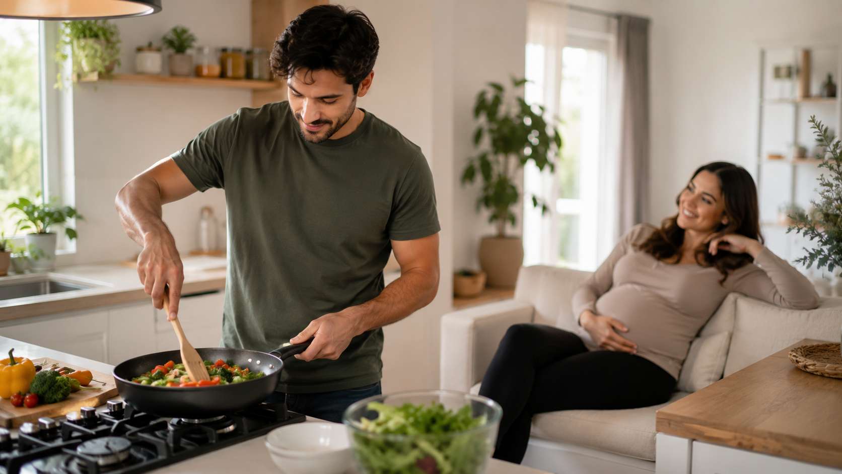 Expectant father preparing a meal while his pregnant partner rests
