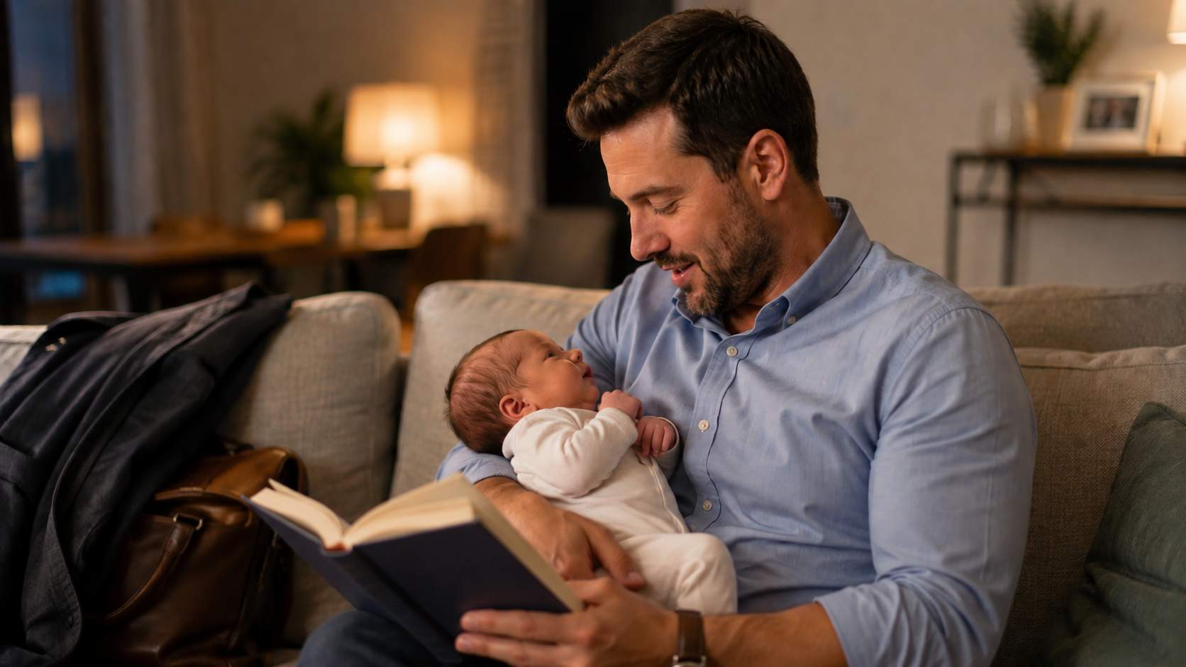 Father reading aloud while holding his newborn baby