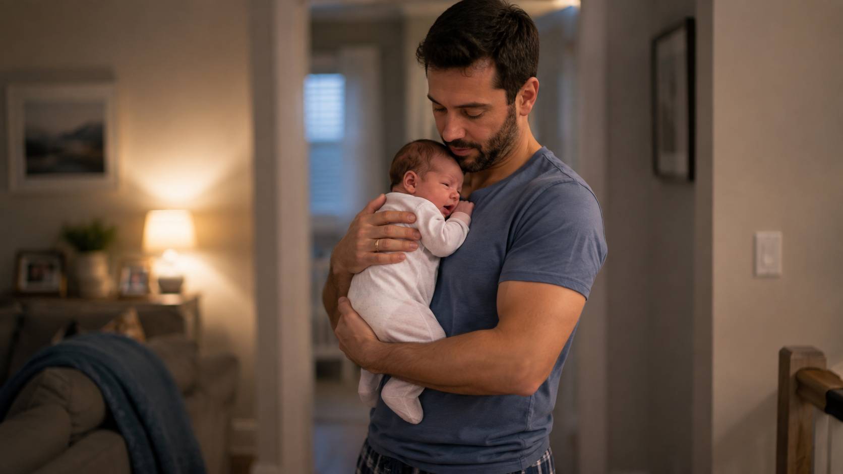 Father gently soothing his newborn baby while walking at home