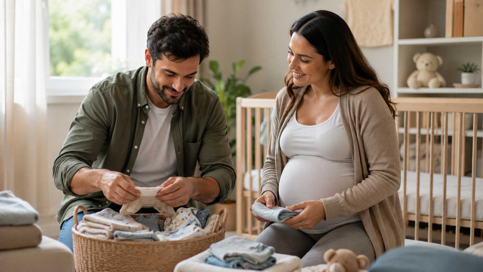 Expectant parents preparing newborn essentials together before the baby's arrival
