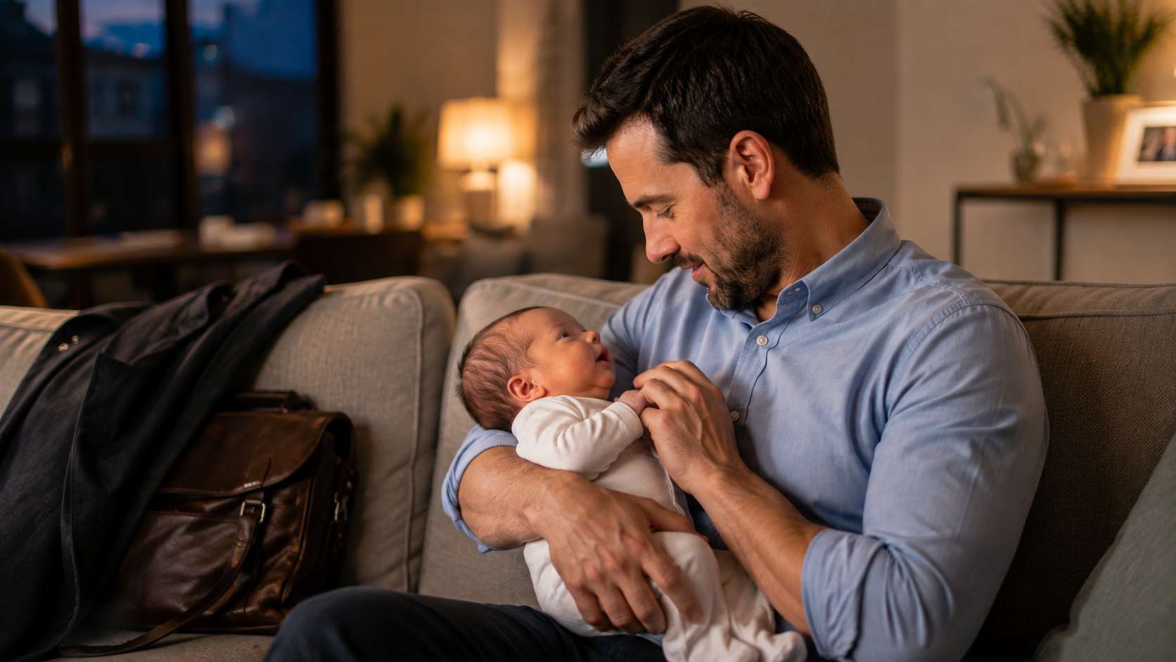 Working father spending quiet evening bonding time with his newborn
