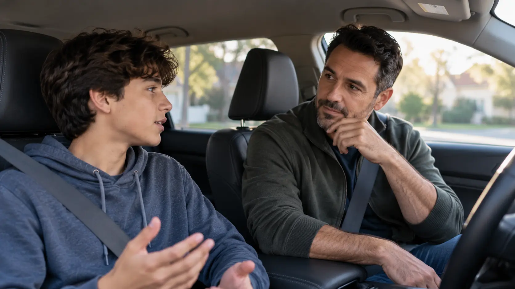 Father and teenager having a relaxed conversation in the car